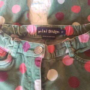 Mini Boden Green Pants with Pink and White Polka Dots